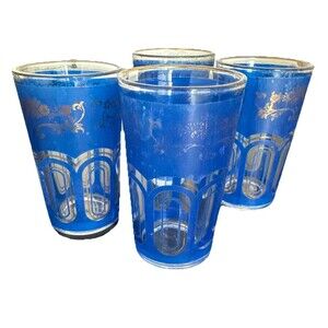 Vintage Italian UNIVER Cobalt Blue Cordial Glasses Set of 4 Gold Gilt 3.25”